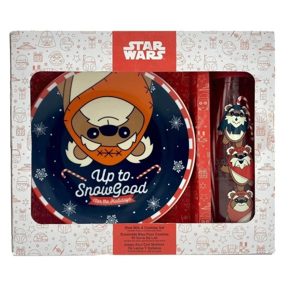Disney Star Wars Ewok Blue Milk & Cookies Christmas Holiday Plate Bottle Set NEW - Picture 2 of 9